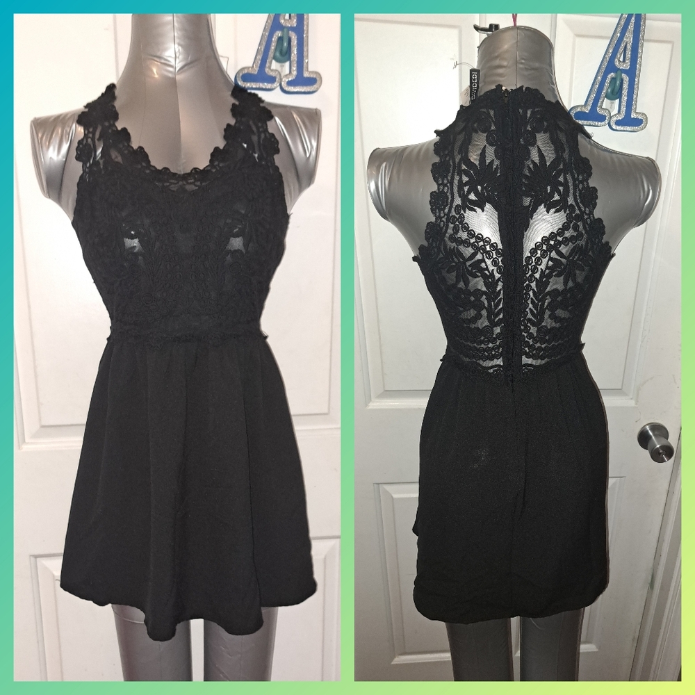 H&M Sleeveless Sheer Lace Crochet Mini Black Dress Sz 8